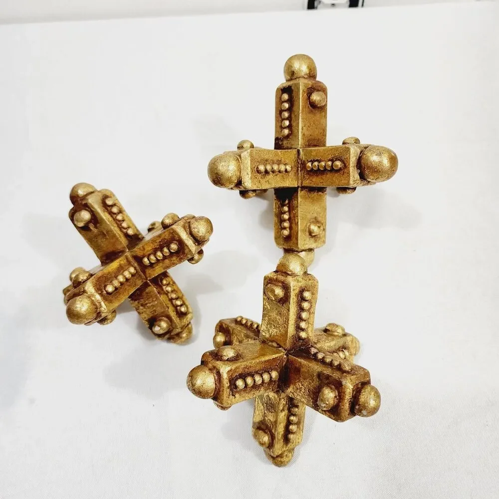 Set of 3 Vintage Gold Jacks Decor Large Mid Century MCM Distressed Paperweight